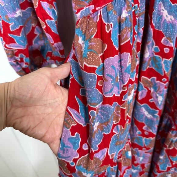 Caroline Constas Dress Large Red Floral Print Cotton Midi V Neck Smock Back - Picture 5 of 11